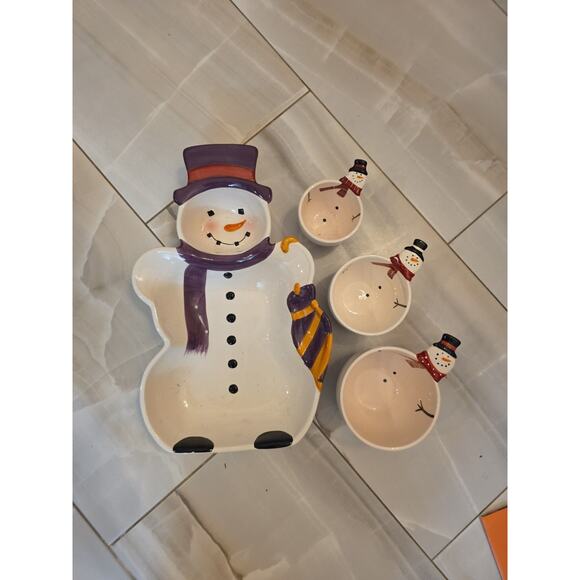 Snowman Ceramic Serving Dish Set 4 Pieces Holiday Christmas Bowls Platte - Picture 2 of 16